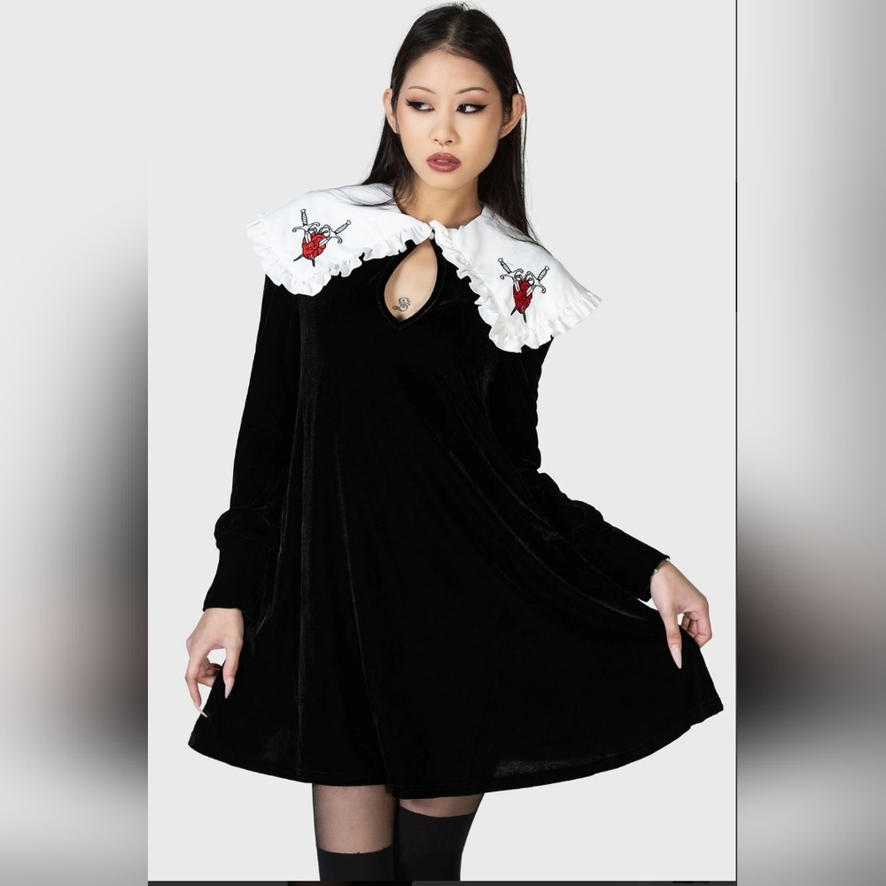 Killstar Black Velvet Dress with White Collar